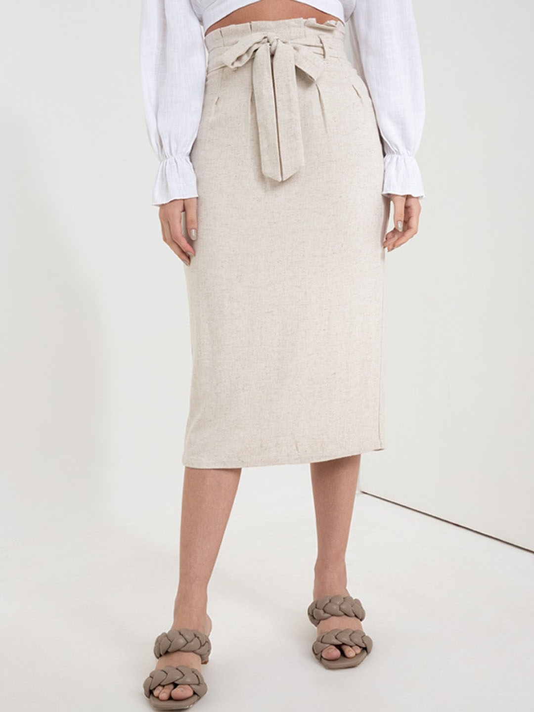 

Zalora Studios Straight Midi Length Skirt With Belt, Beige