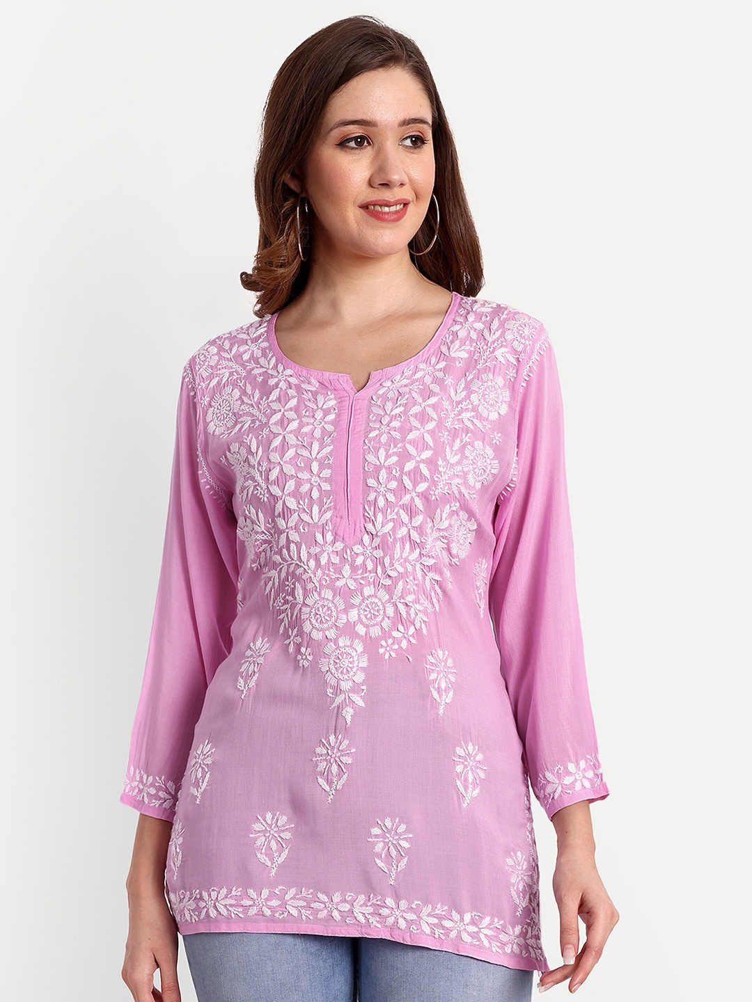 

Indiankala4u Floral Embroidered Chikankari Modal Chikankari Kurti, Pink