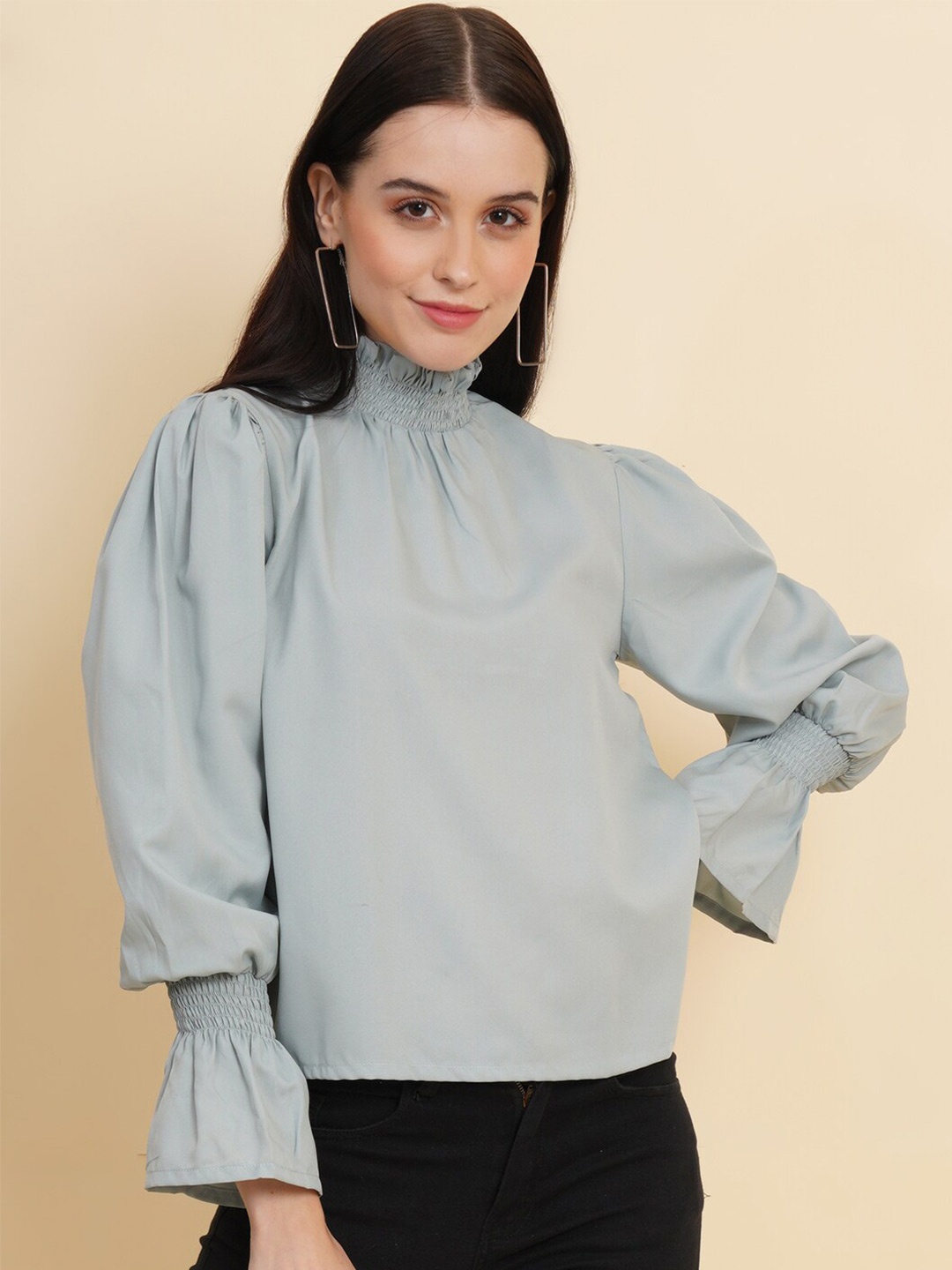 

RAASSIO High Neck Bell Sleeves Smocking Top, Grey