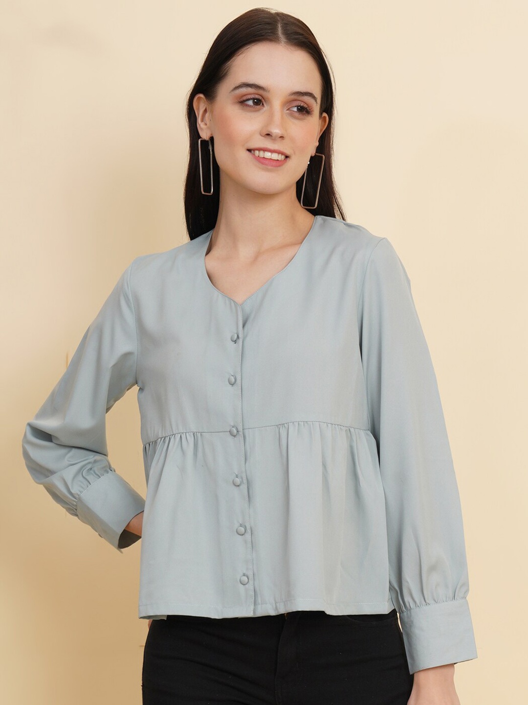 

RAASSIO Cuffed Sleeves Shirt Style Top, Grey
