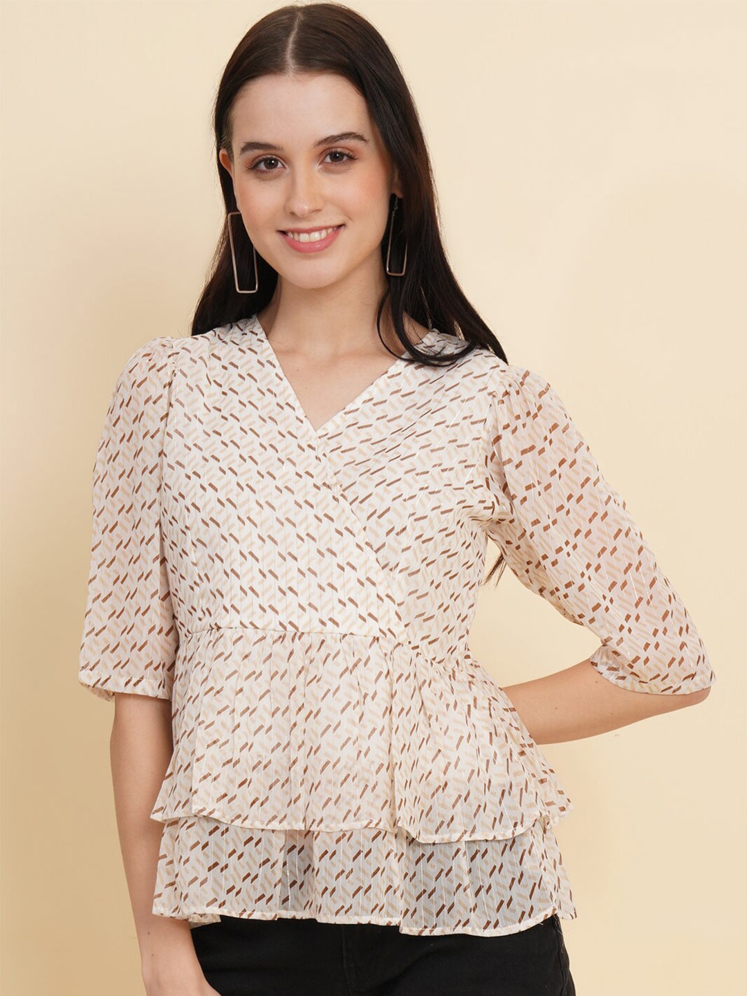 

RAASSIO Geometric Printed V-Neck Puff Sleeves Peplum Georgette Top, Cream