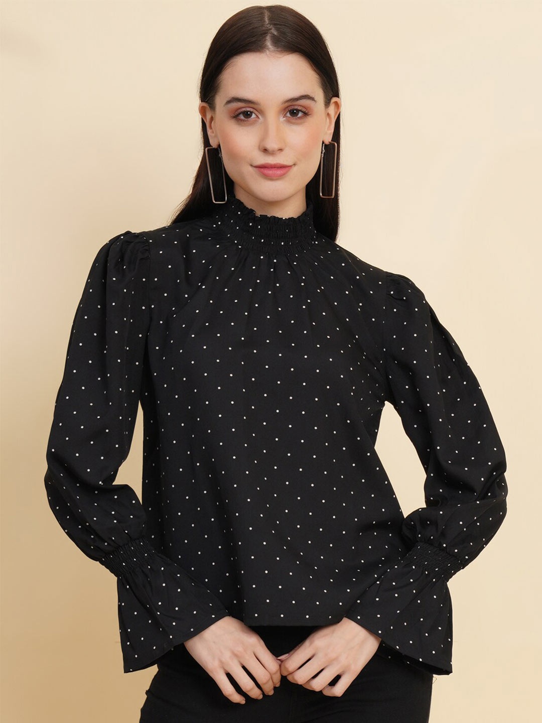 

RAASSIO Polka Dot Printed Puff Sleeve Crepe Top, Black