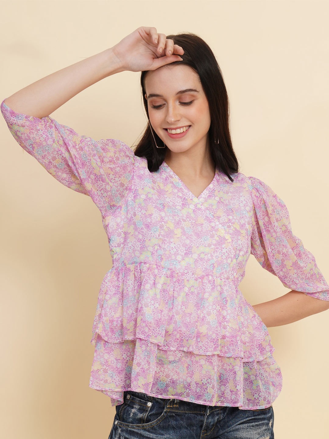 

RAASSIO Floral Printed Ruffles Wrap Top, Purple