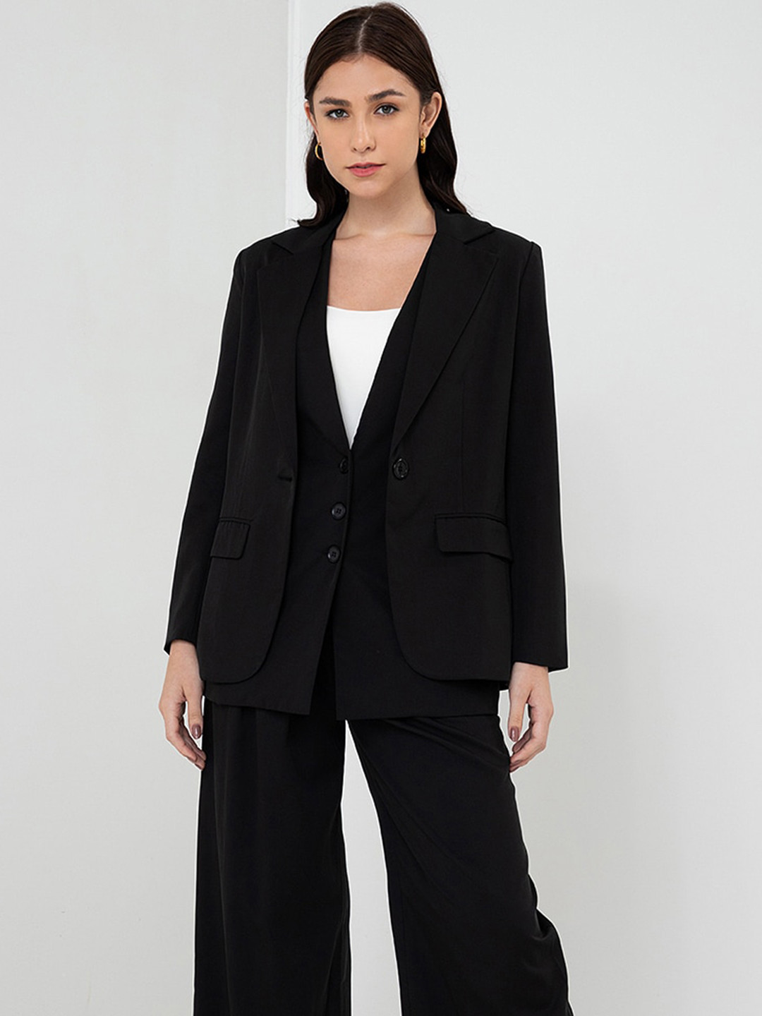 

Zalora Studios Women Longline Open Front Jacket with Patchwork, Black