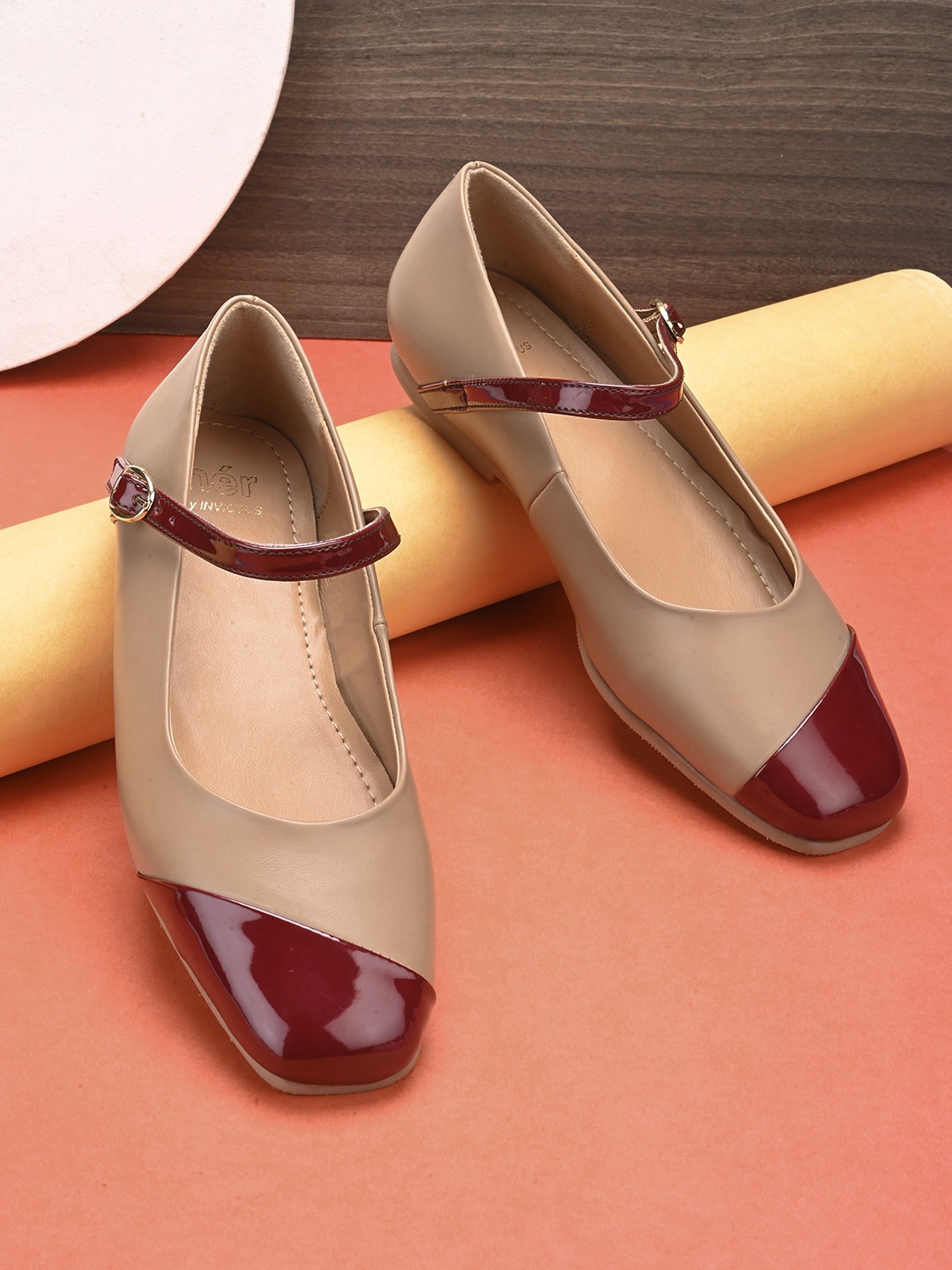 

her by invictus Burgundy And Beige Colourblocked Ballerinas