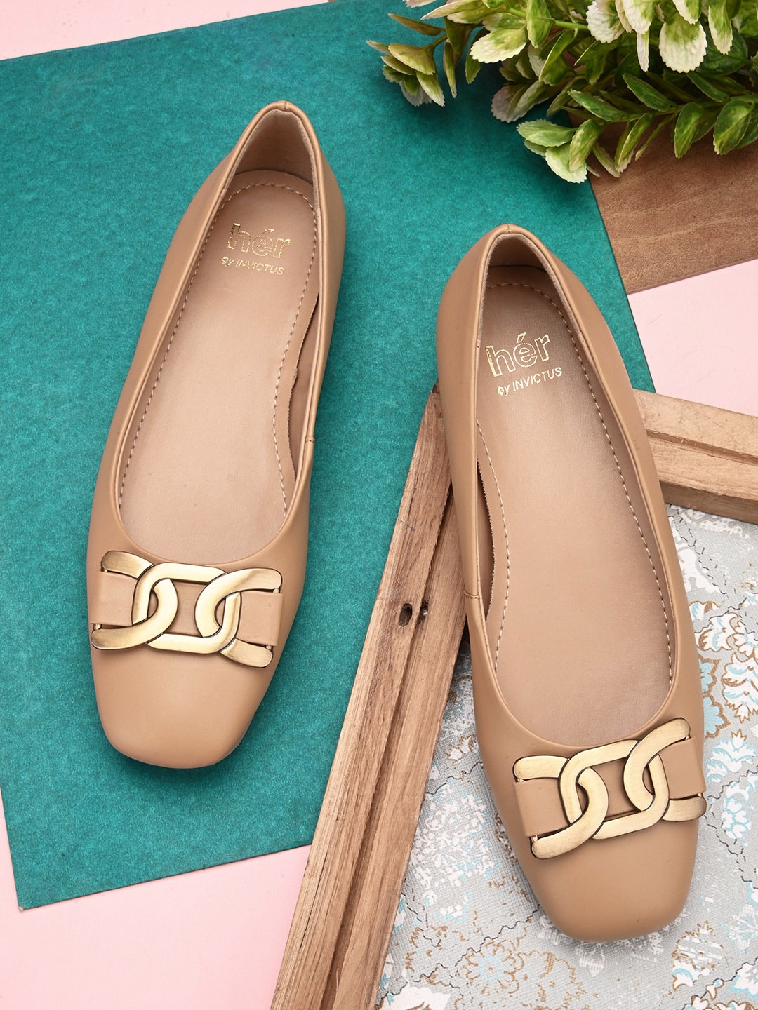

her by invictus Beige And Gold-Toned Buckle Embellished Ballerinas