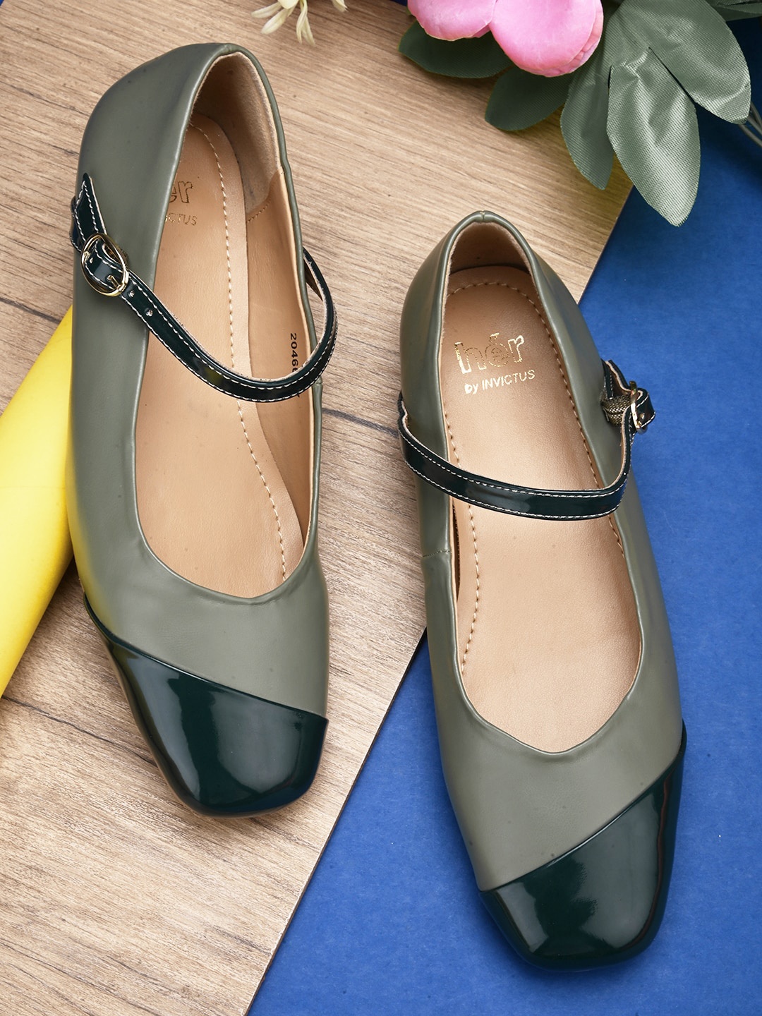 

her by invictus Olive Green Colourblocked Ballerinas