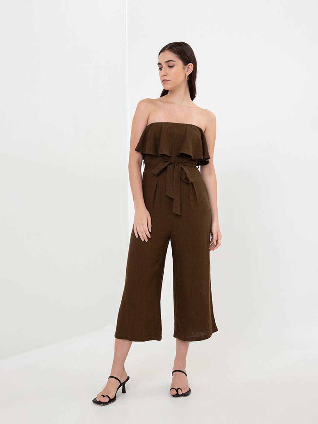 

Zalora Studios Cotton Linen Off-Shoulder Basic Jumpsuit, Brown