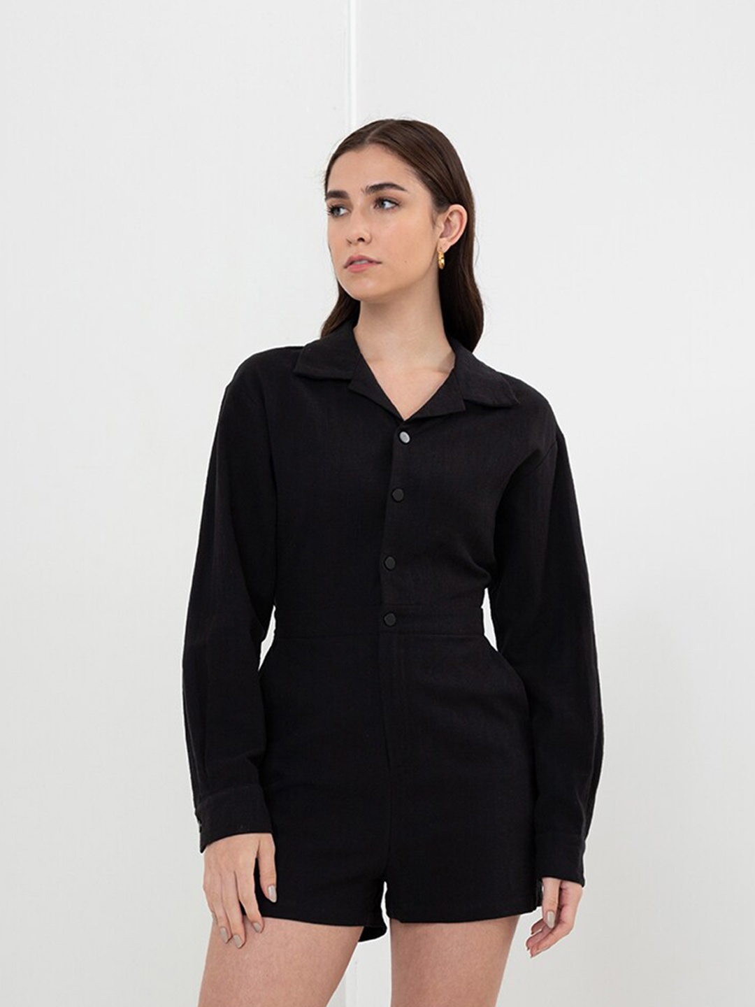 

Zalora Studios Notched Lapel Collar Cotton Linen Playsuit, Black