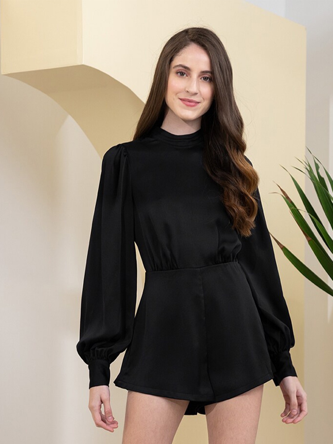 

Zalora Studios High Neck Puff Sleeves Playsuit, Black