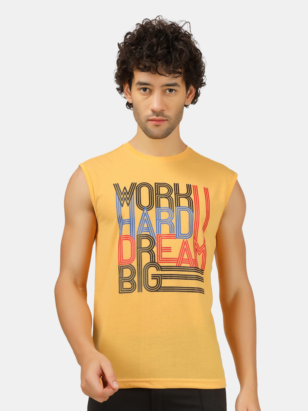 

HILL STREET Typography Printed Sleeveless Cotton T-shirt, Yellow