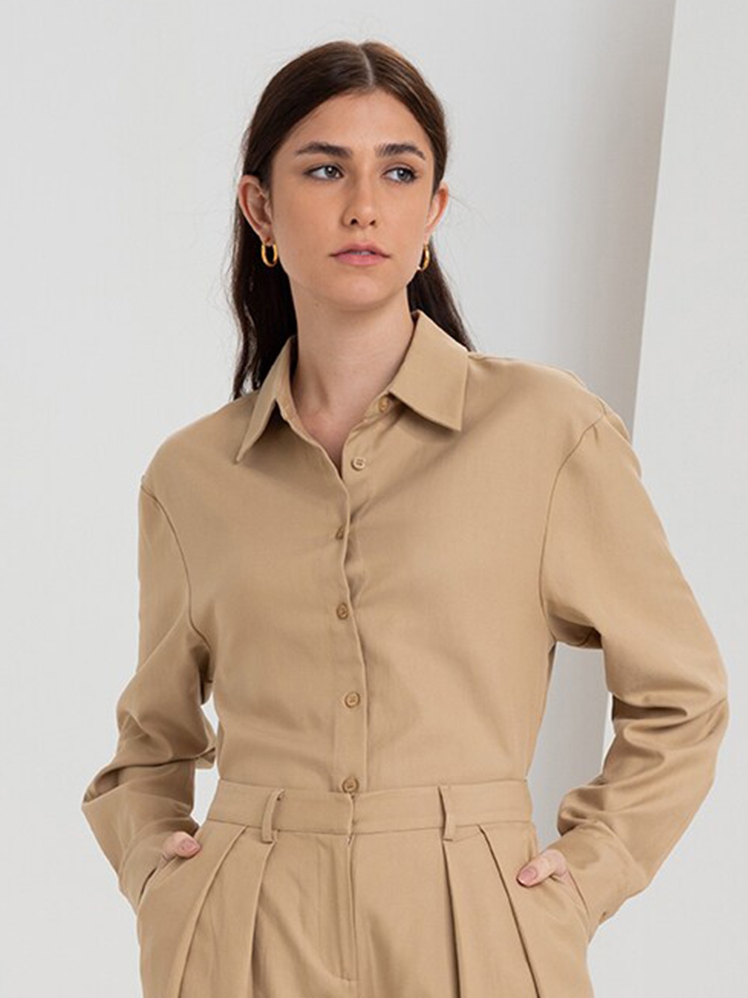 

Zalora Studios Spread Collar Long Sleeves Casual Shirt, Beige