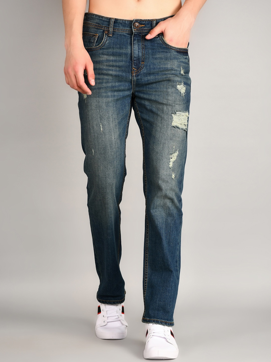 

TIM PARIS Men Mildly Distressed Light Fade Whiskers Cotton Relaxed Fit Stretchable Jeans, Blue