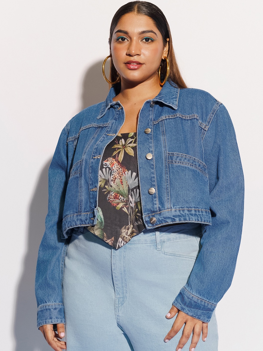 

FREAKINS Women Plus Size Washed Crop Denim Jacket, Blue