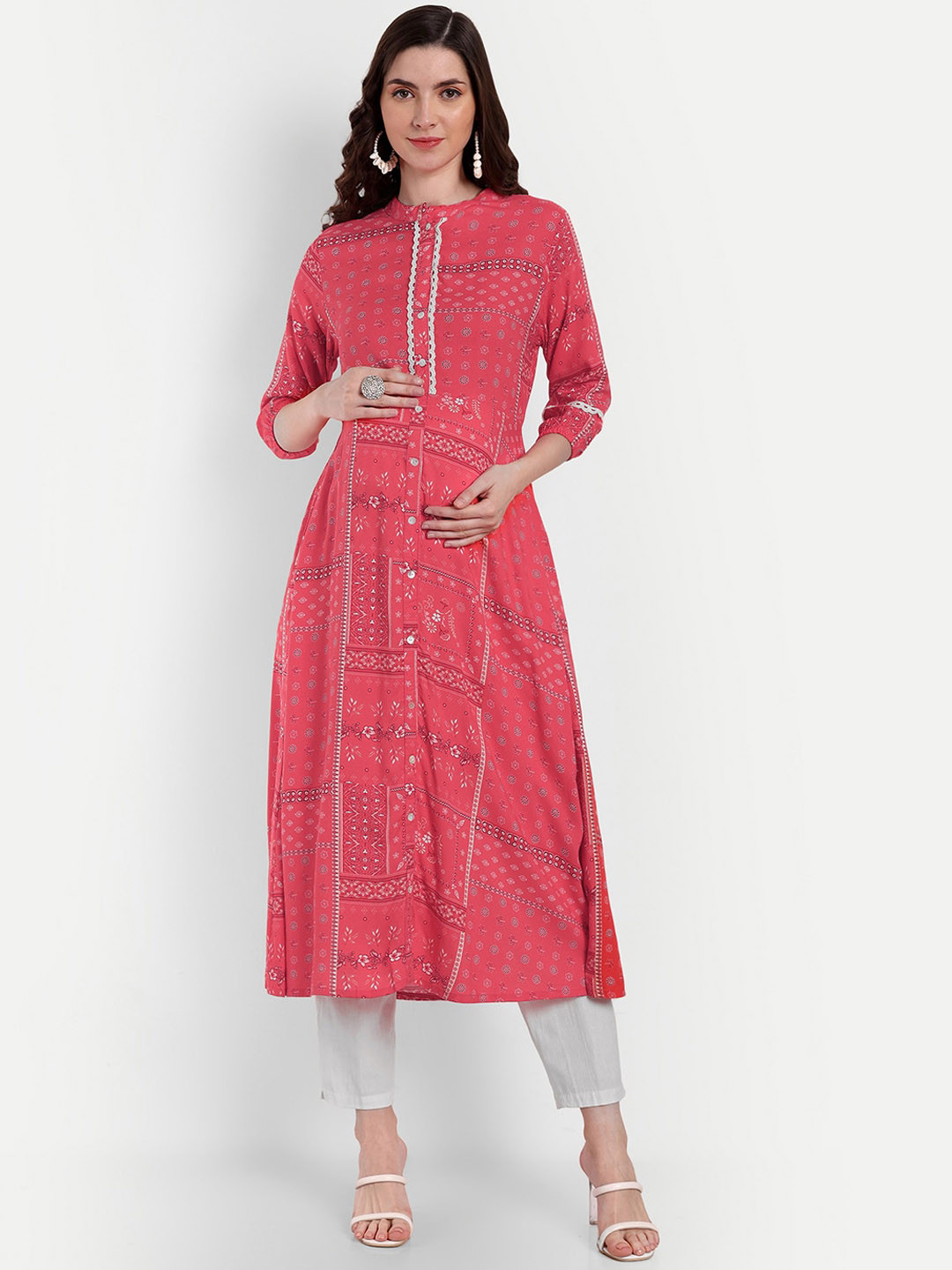 

Aaruvi Ruchi Verma Ethnic Printed Cotton Maternity Feeding Straight Kurta, Pink