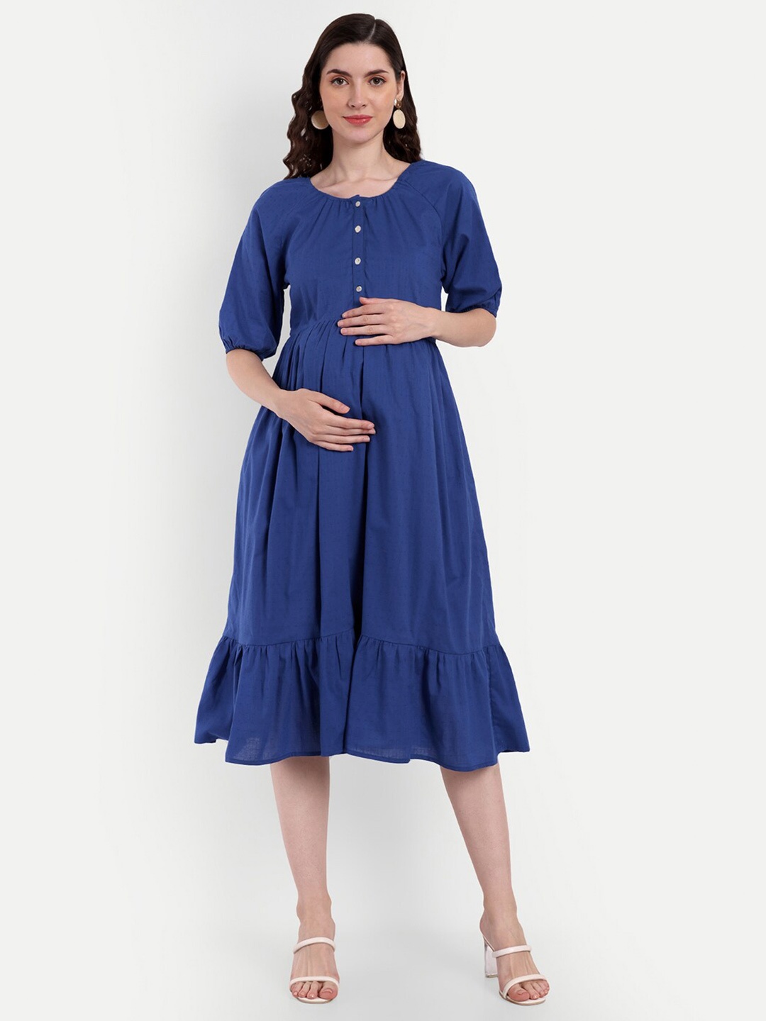 

Aaruvi Ruchi Verma Maternity Cotton Fit & Flare Midi Dress, Blue