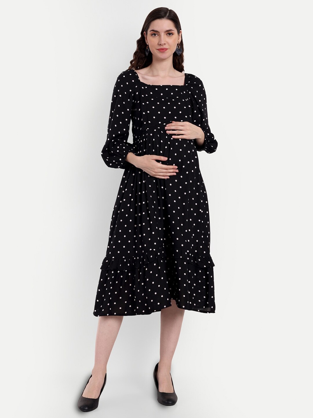 

Aaruvi Ruchi Verma Polka Dot Print Maternity Cotton Fit & Flare Midi Dress, Black