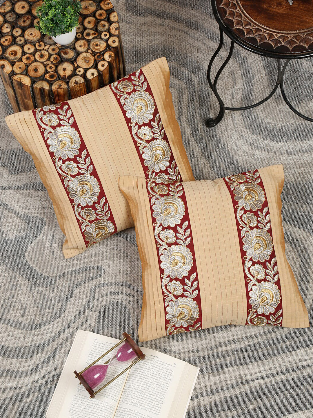 

eyda Beige & White 2-Pieces Embroidered Square Cushion Covers