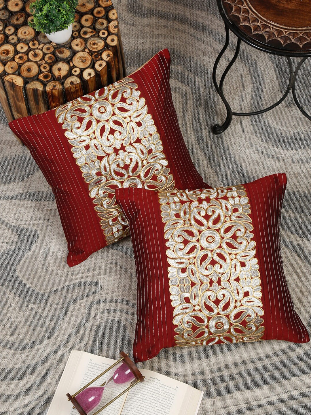

eyda Maroon & Beige 2 Pieces Embroidered Square Cushion Covers