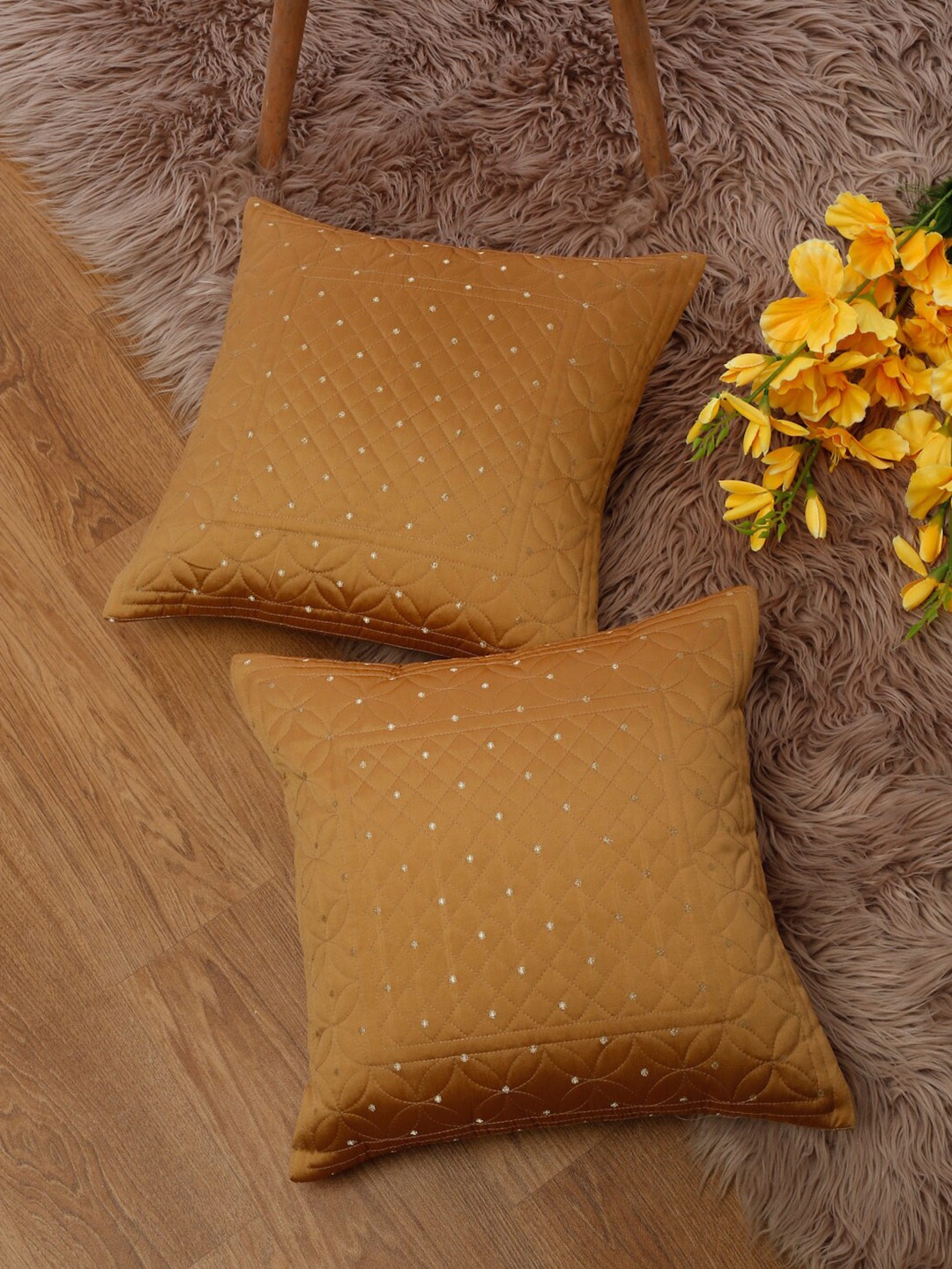 

eyda Mustard 2-Pieces Embellished Square Cushion Covers