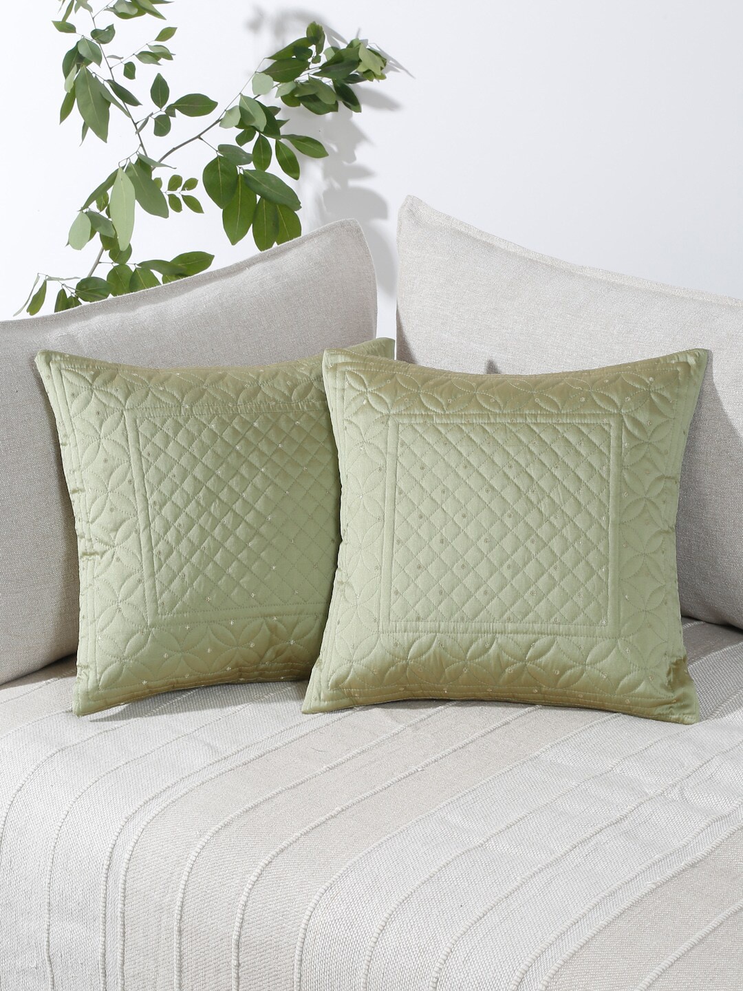 eyda Green & Silver-Toned 2-Pieces Embellished Square Cushion Covers