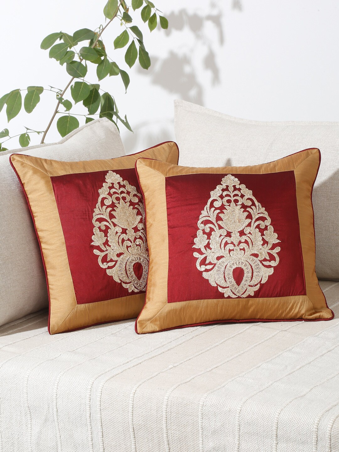 

eyda Maroon & Beige 2-Pieces Embroidered Square Cushion Covers