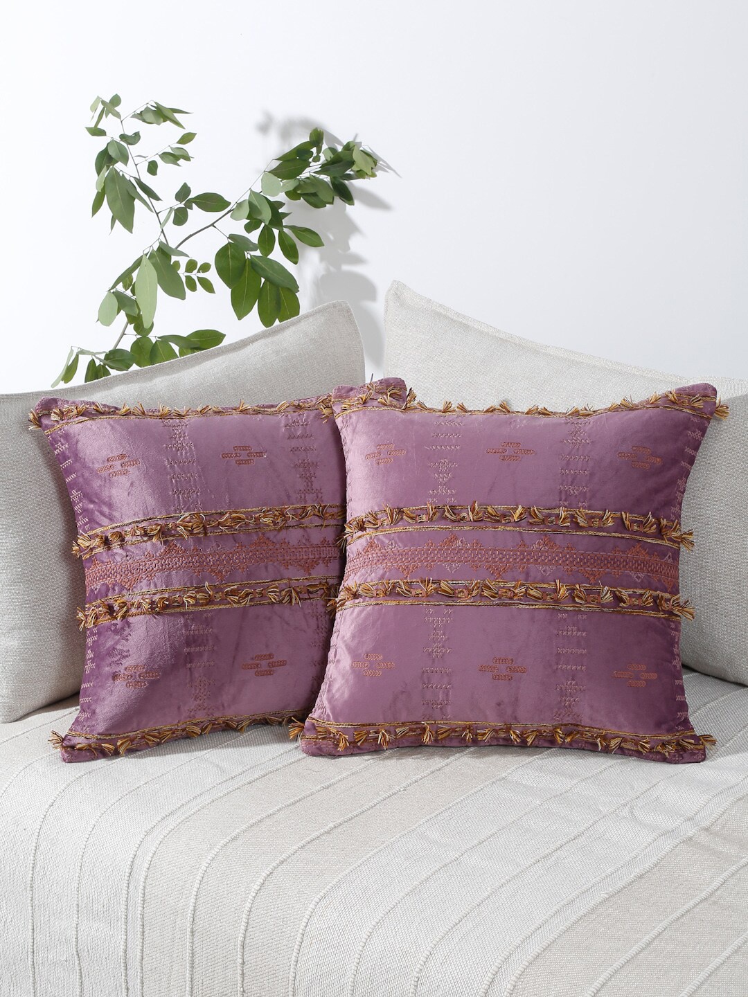 

eyda Purple & Beige 2 Pieces Embroidered Velvet Square Cushion Covers