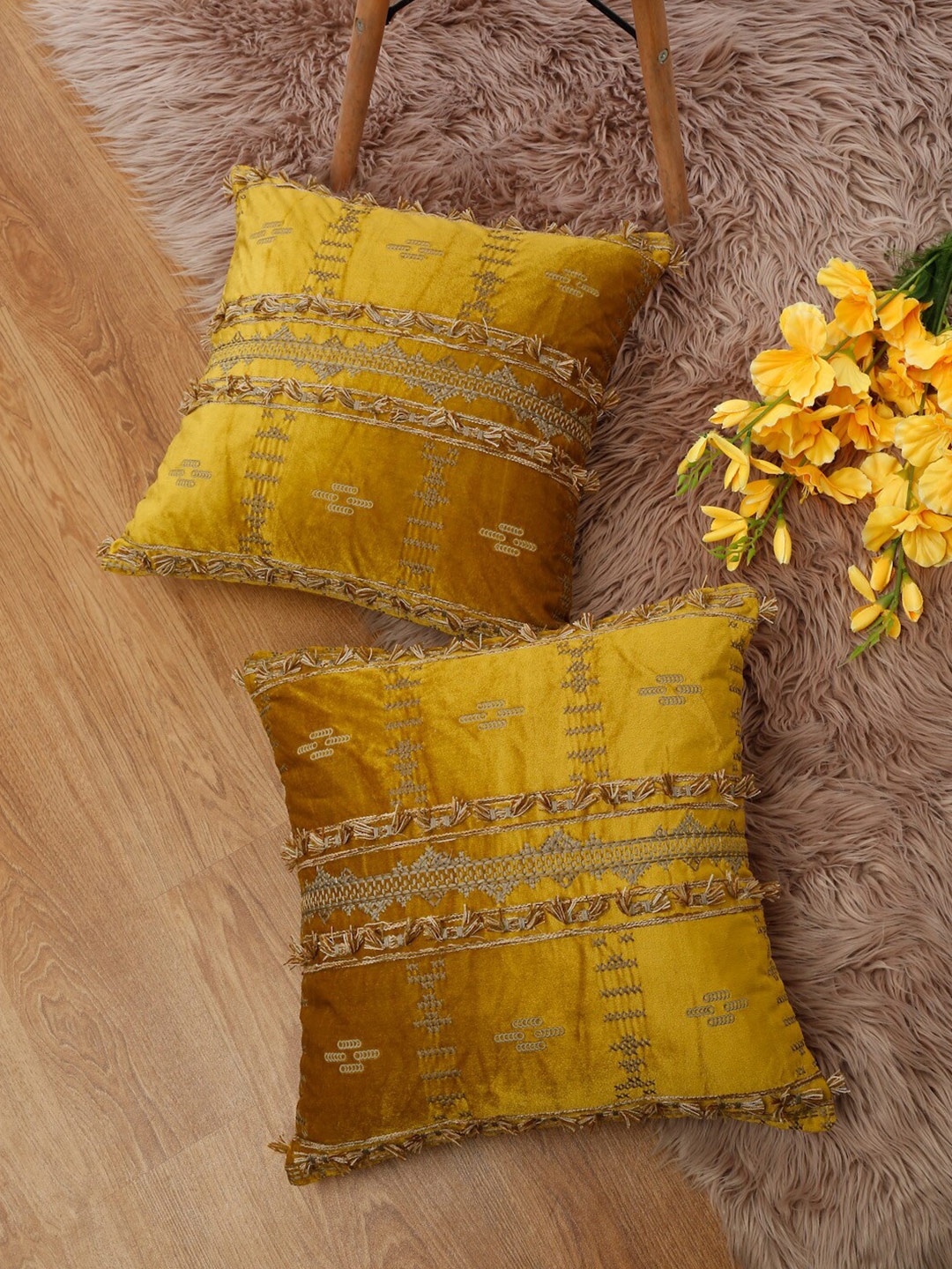 

eyda Yellow & Beige 2 Pieces Embroidered Velvet Square Cushion Covers