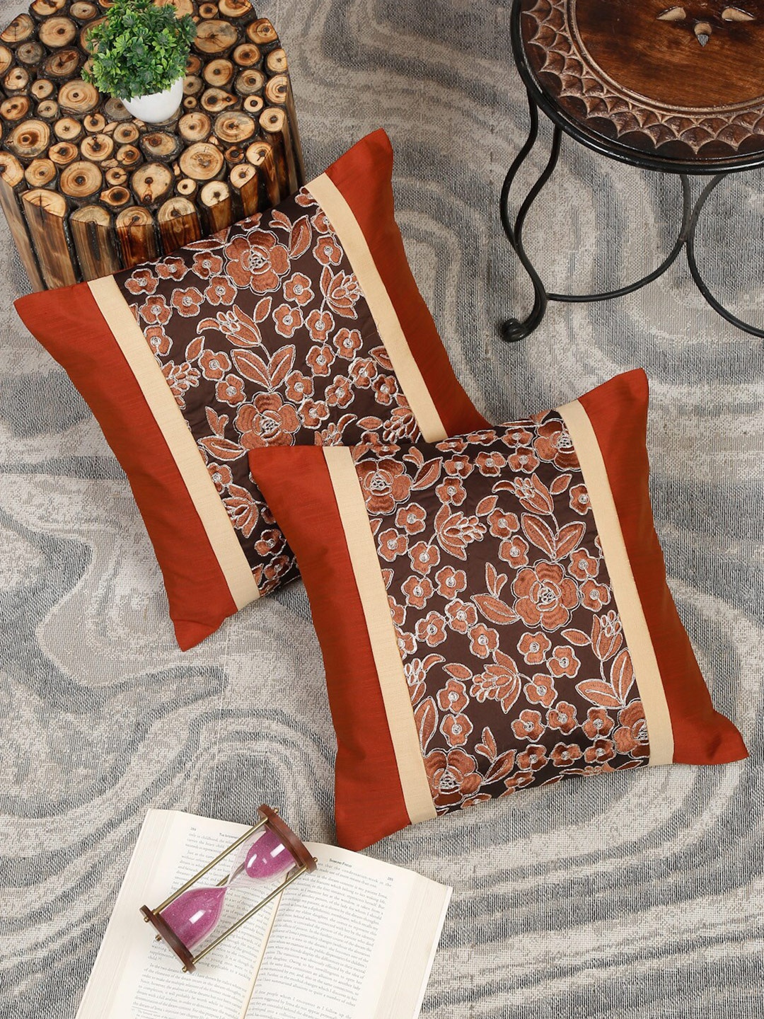

eyda Copper-Toned & White 2 Pieces Embroidered Square Cushion Covers