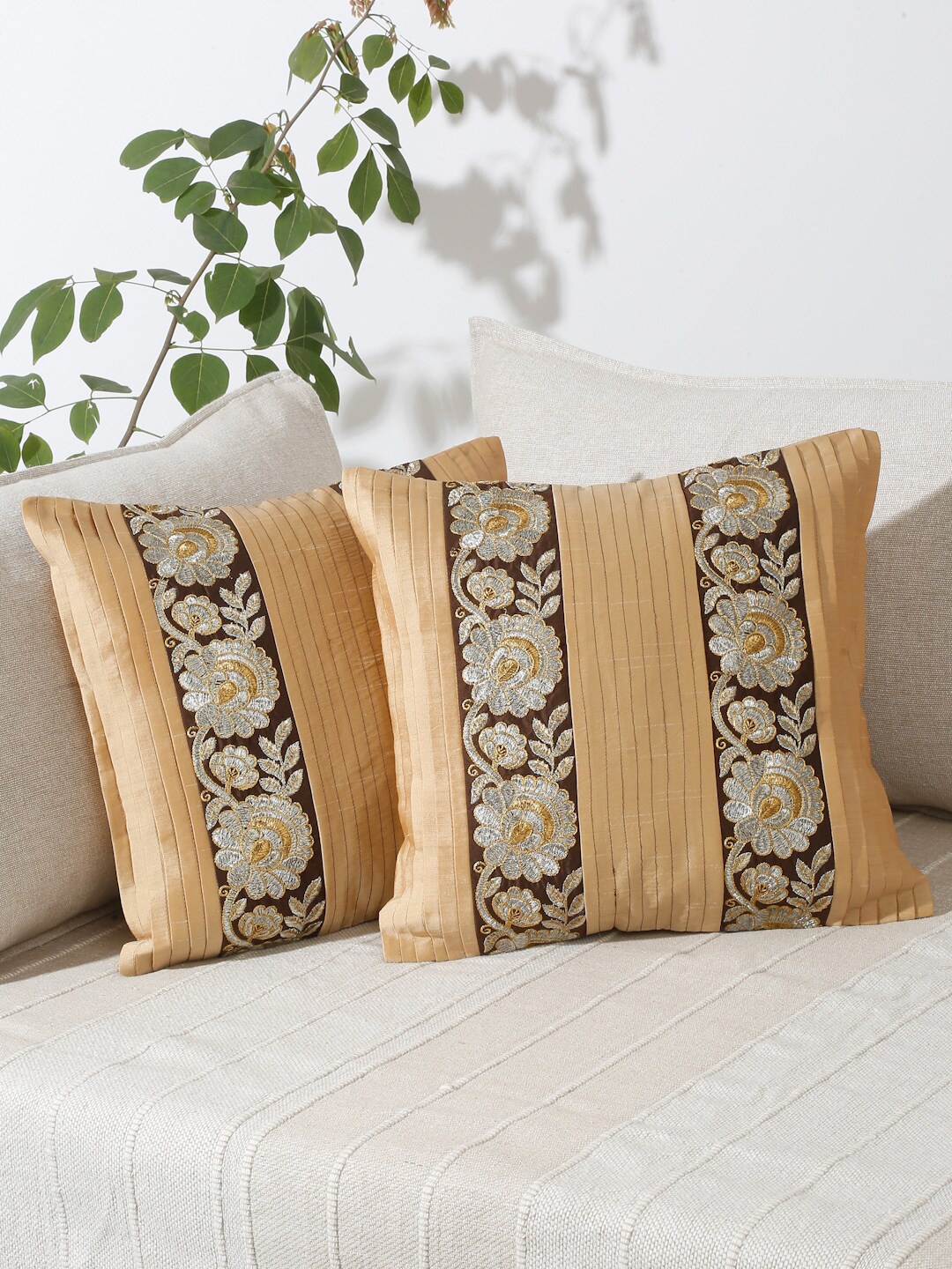 eyda Beige & Yellow 2-Pieces Embroidered Square Cushion Covers