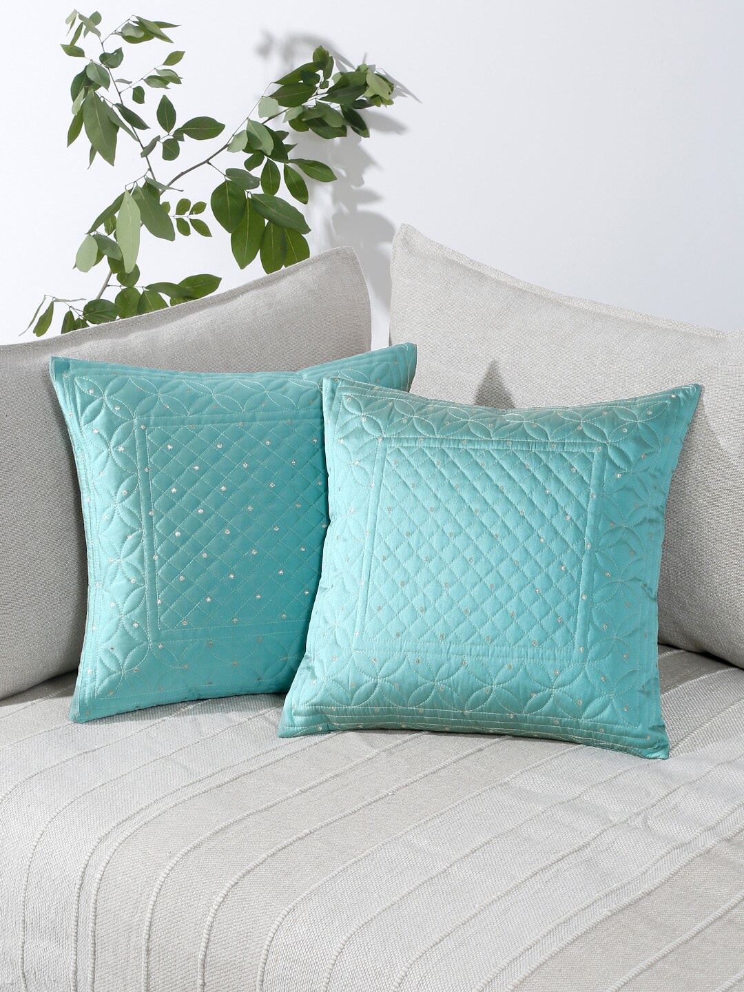 

eyda Turquoise Blue 2-Pieces Embroidered Square Cushion Covers