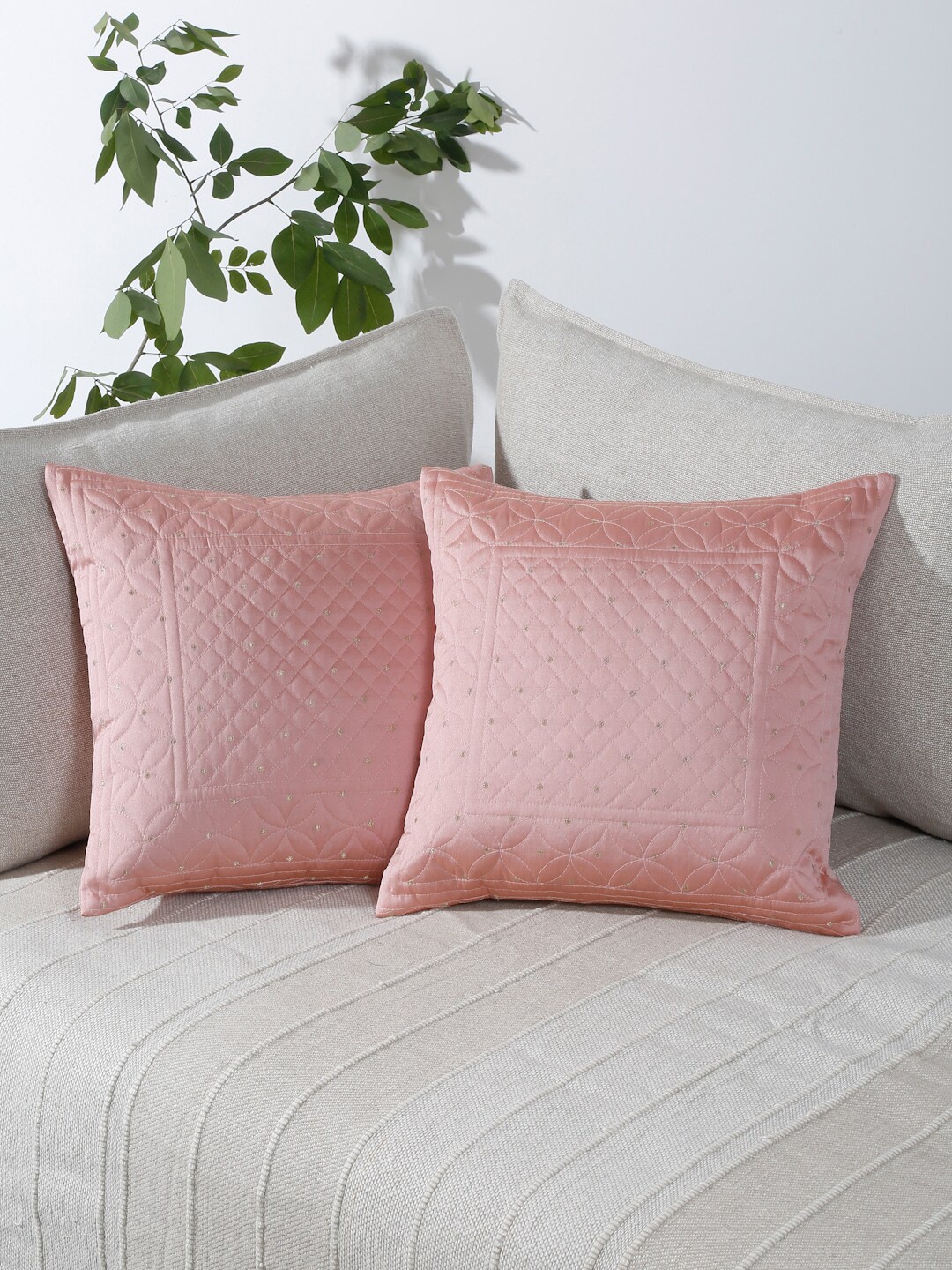 

eyda Pink & Silver-Toned 2-Pieces Embellished Square Cushion Covers