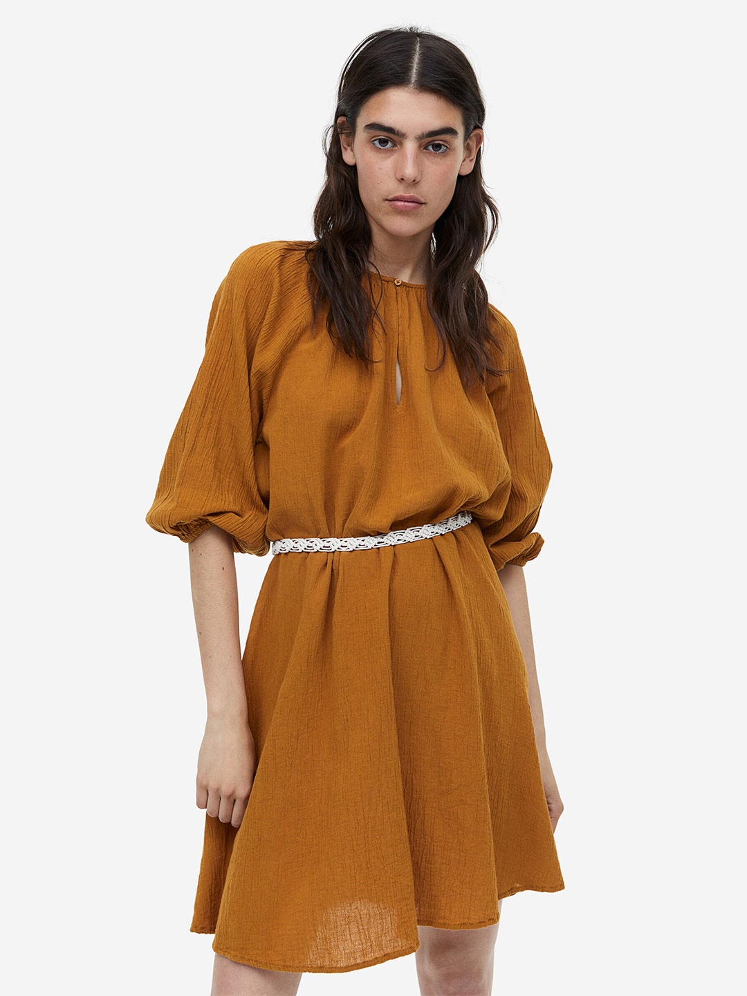 

H&M Tie-Belt Cotton Linen Dress, Brown