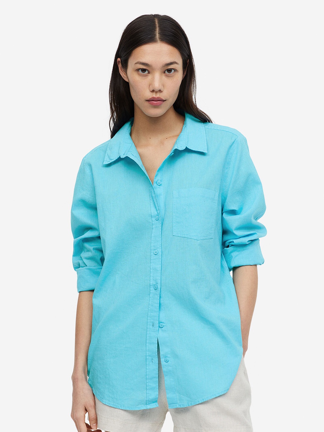 

H&M Linen-Blend Shirt, Turquoise blue