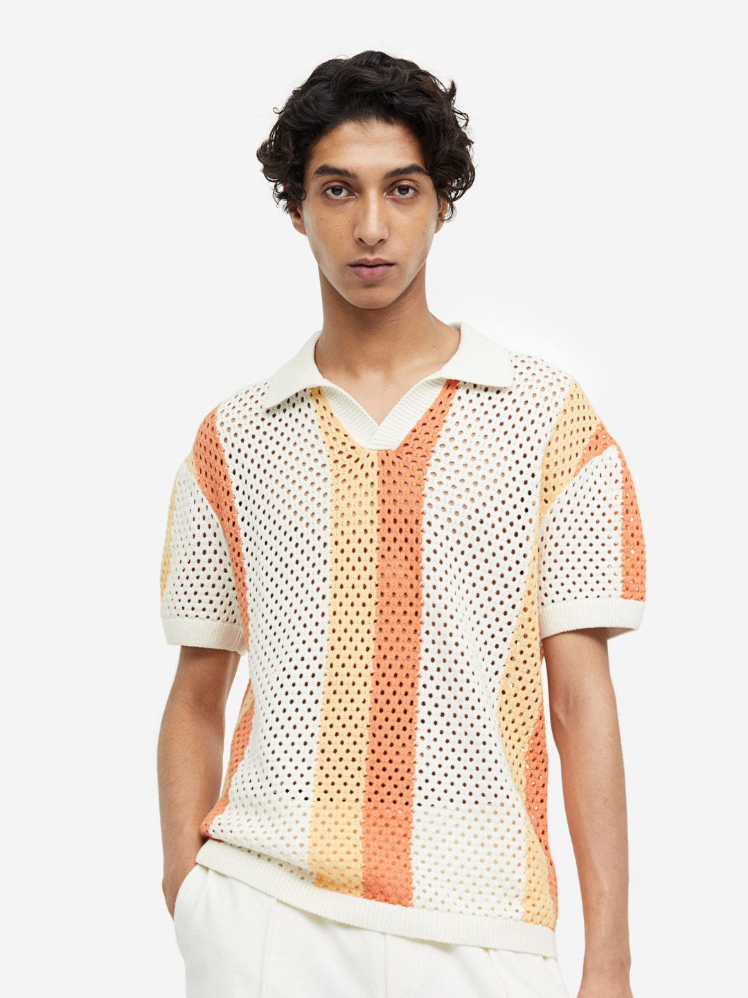 

H&M Relaxed Fit Hole-Knit Pure Cotton Polo Shirt, Off white