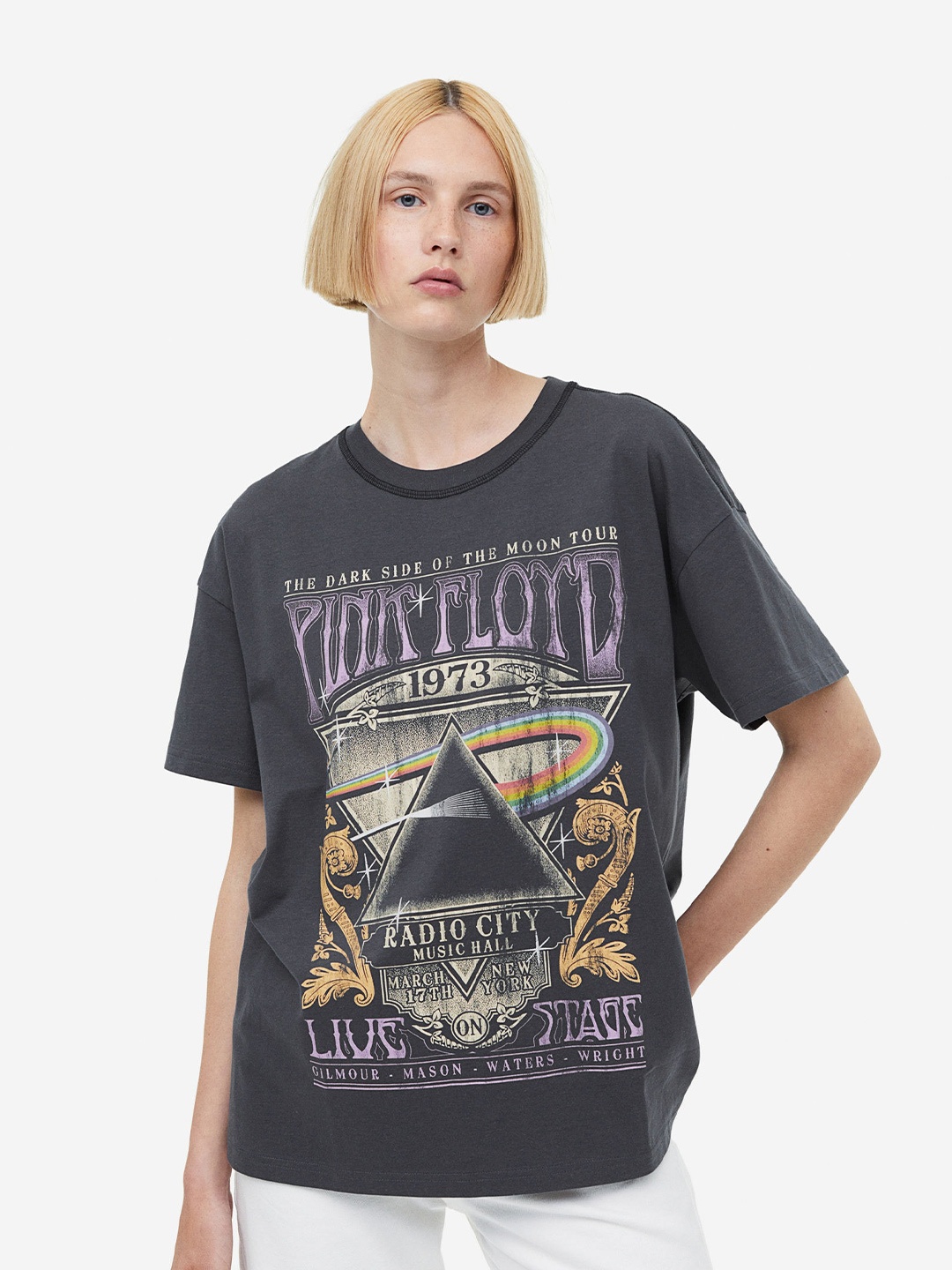 

H&M Oversized Printed Pure Cotton T-shirt, Grey