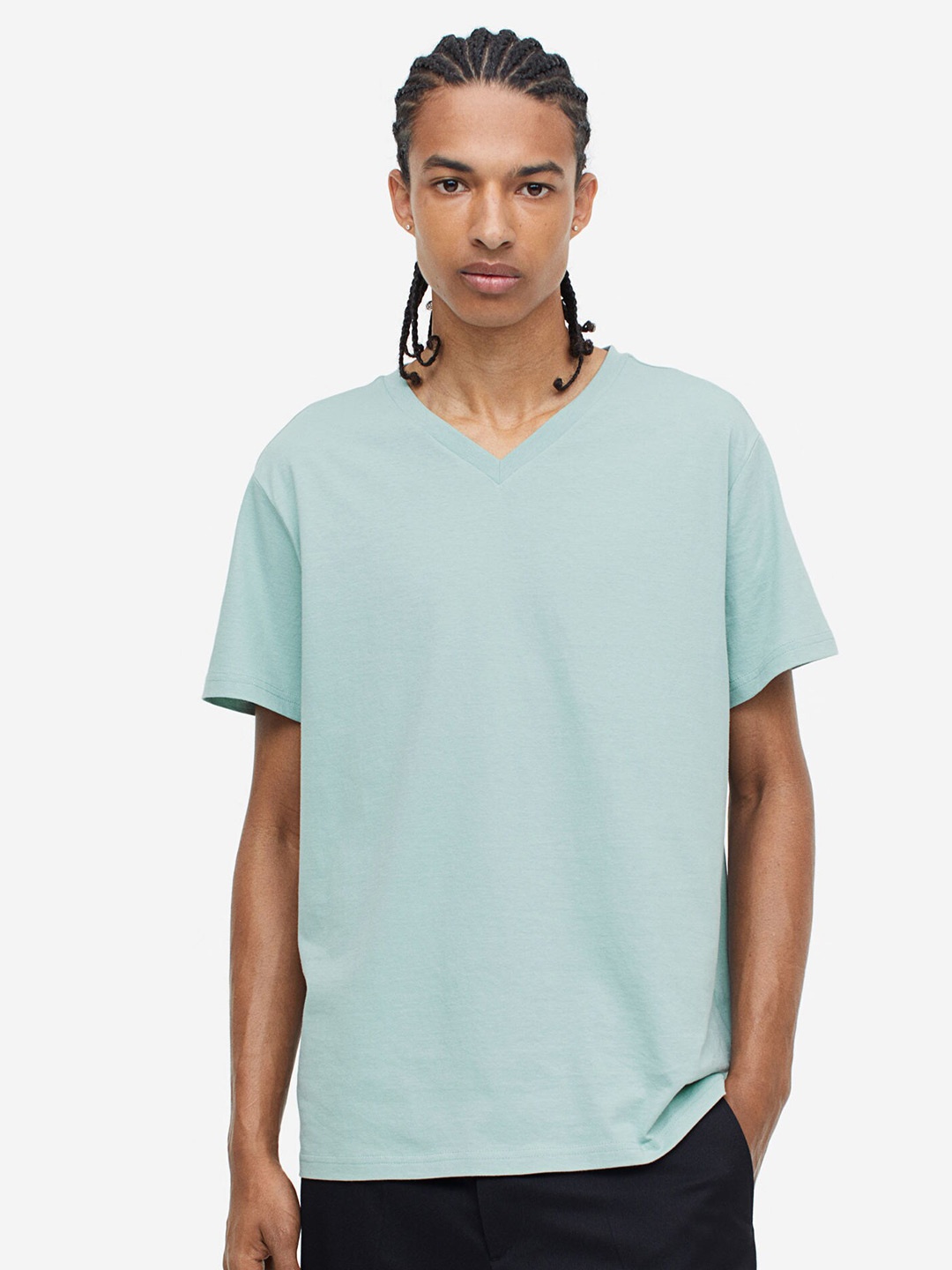 

H&M Regular Fit V-Neck Pure Cotton T-Shirt, Turquoise blue