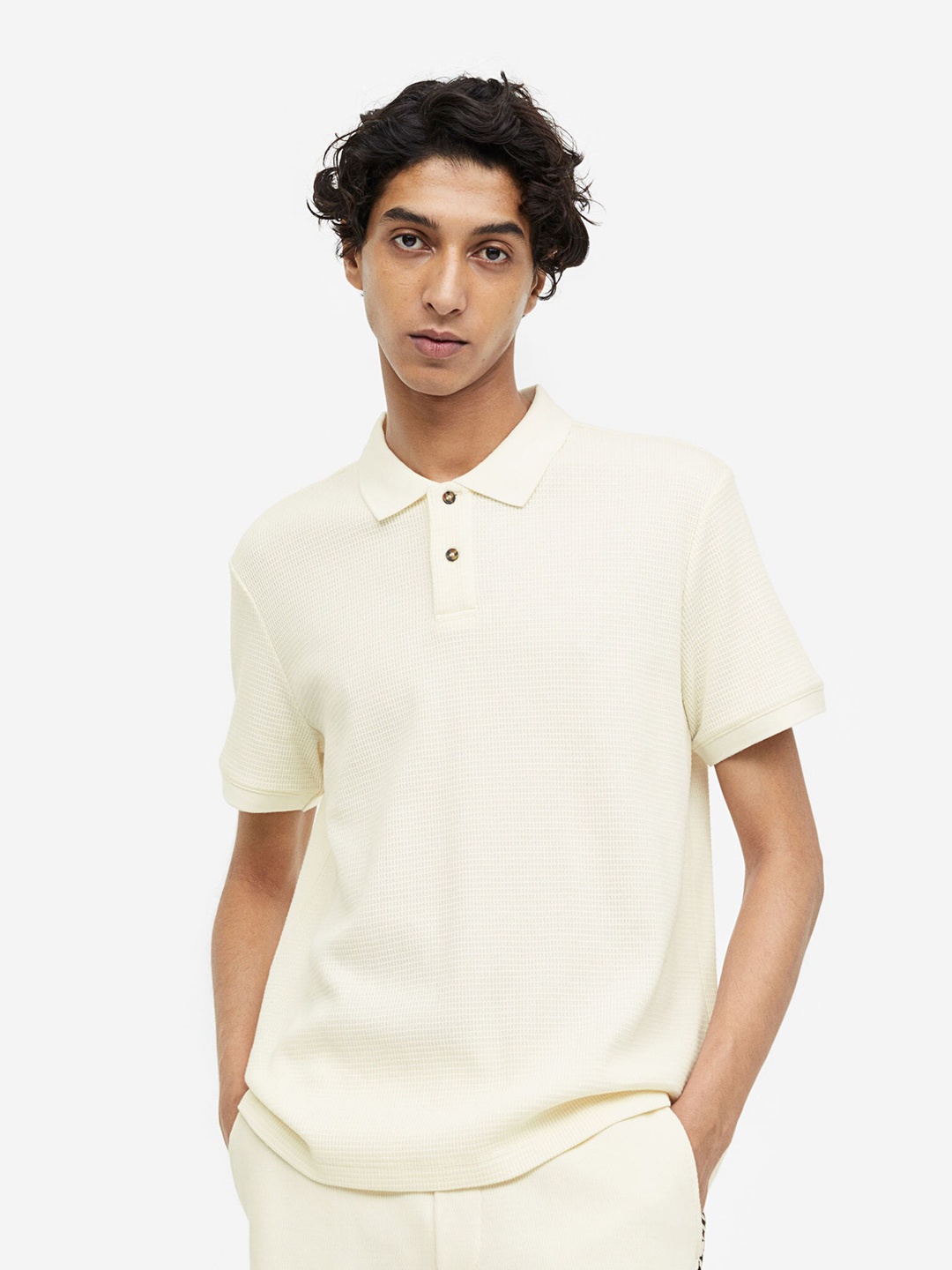 

H&M Slim Fit Waffled Polo Shirt, White
