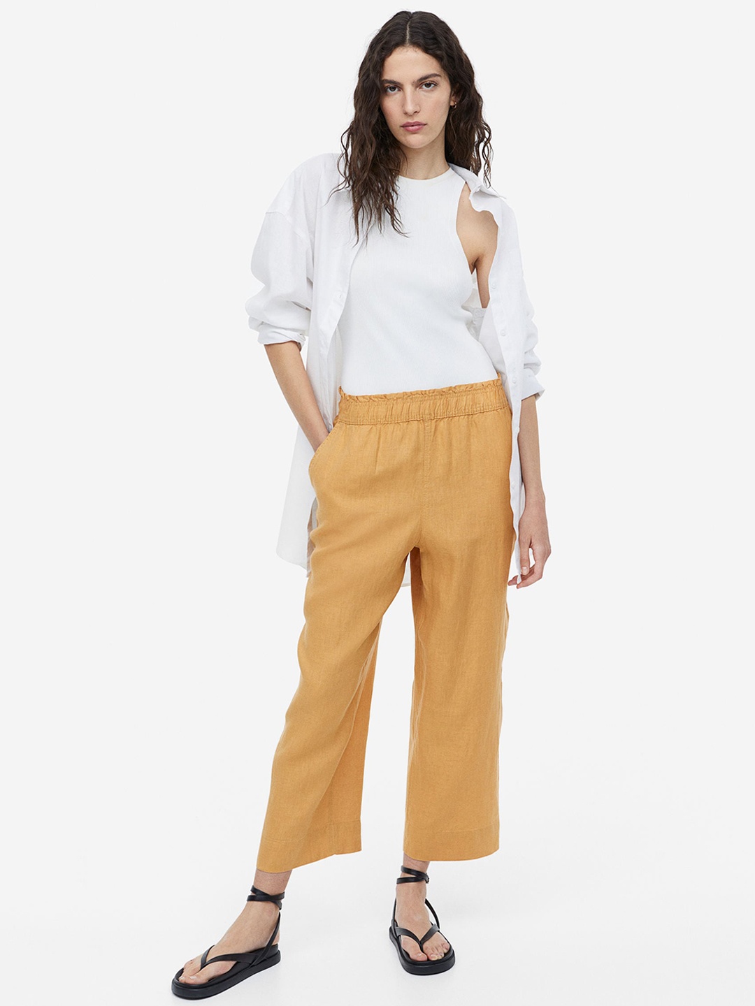 

H&M Women Ankle-Length Linen Trousers, Yellow
