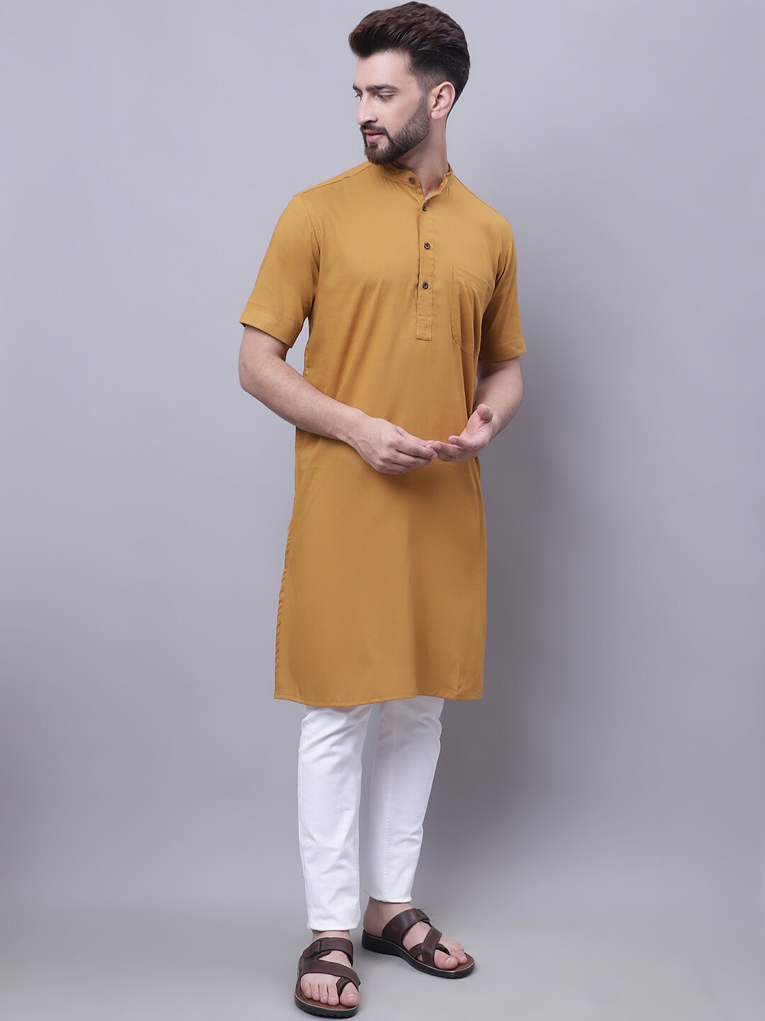 

even Mandarin Collar Pure Cotton Kurta, Mustard