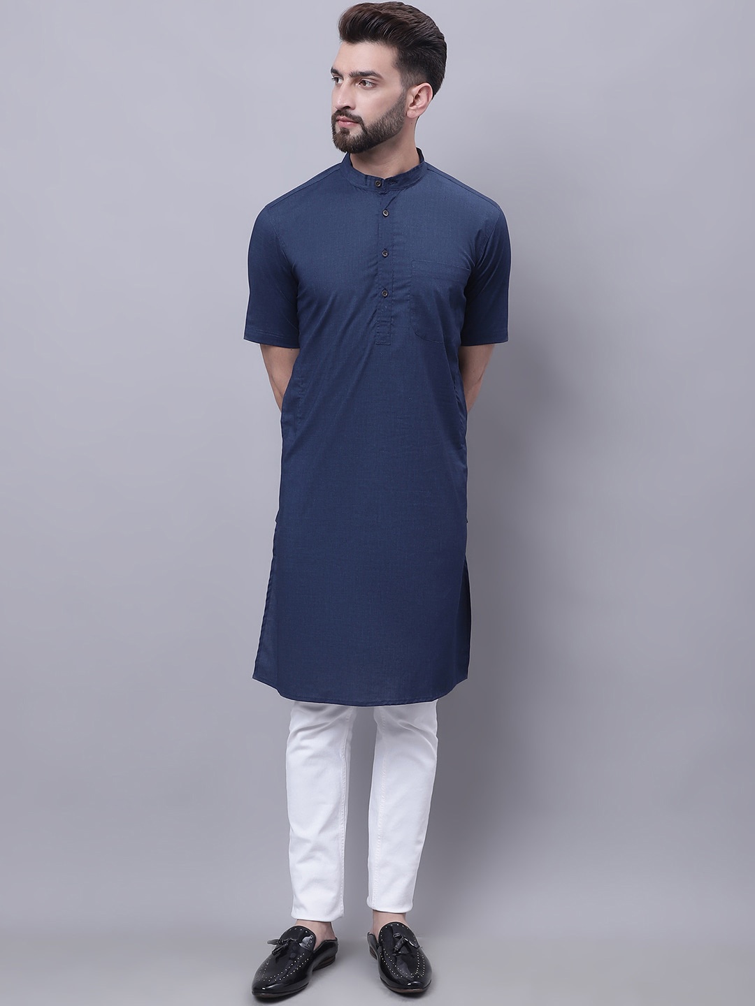 

even Mandarin Collar Cotton Straight Kurta, Navy blue