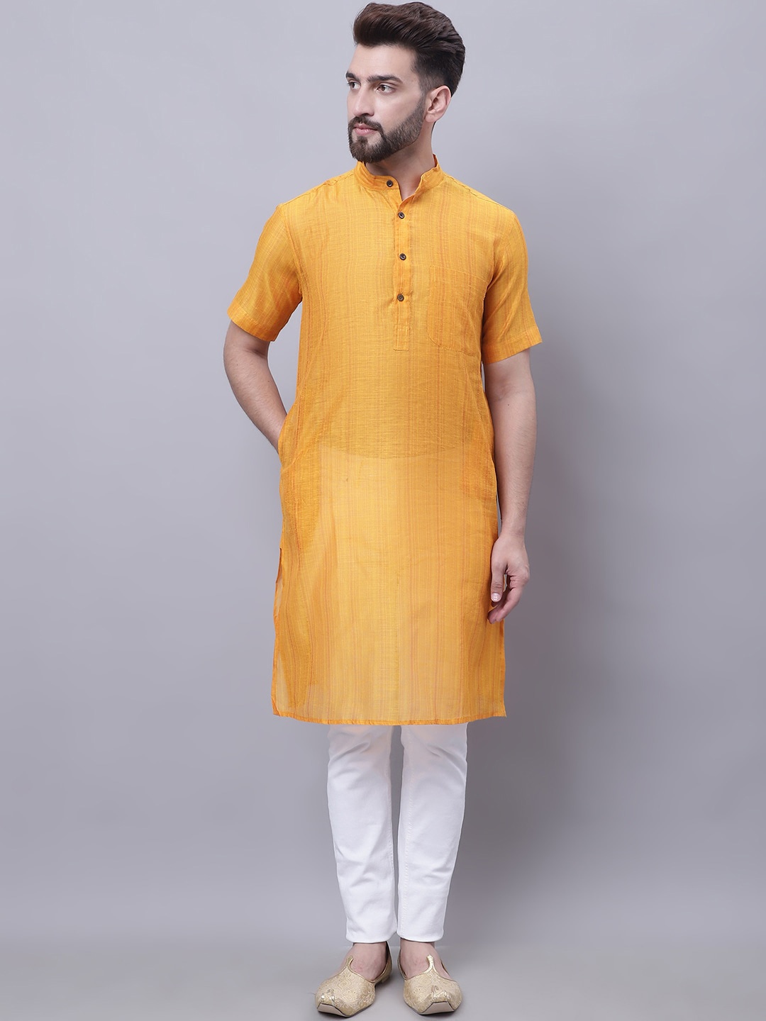 

even Mandarin Collar Cotton Straight Kurta, Yellow