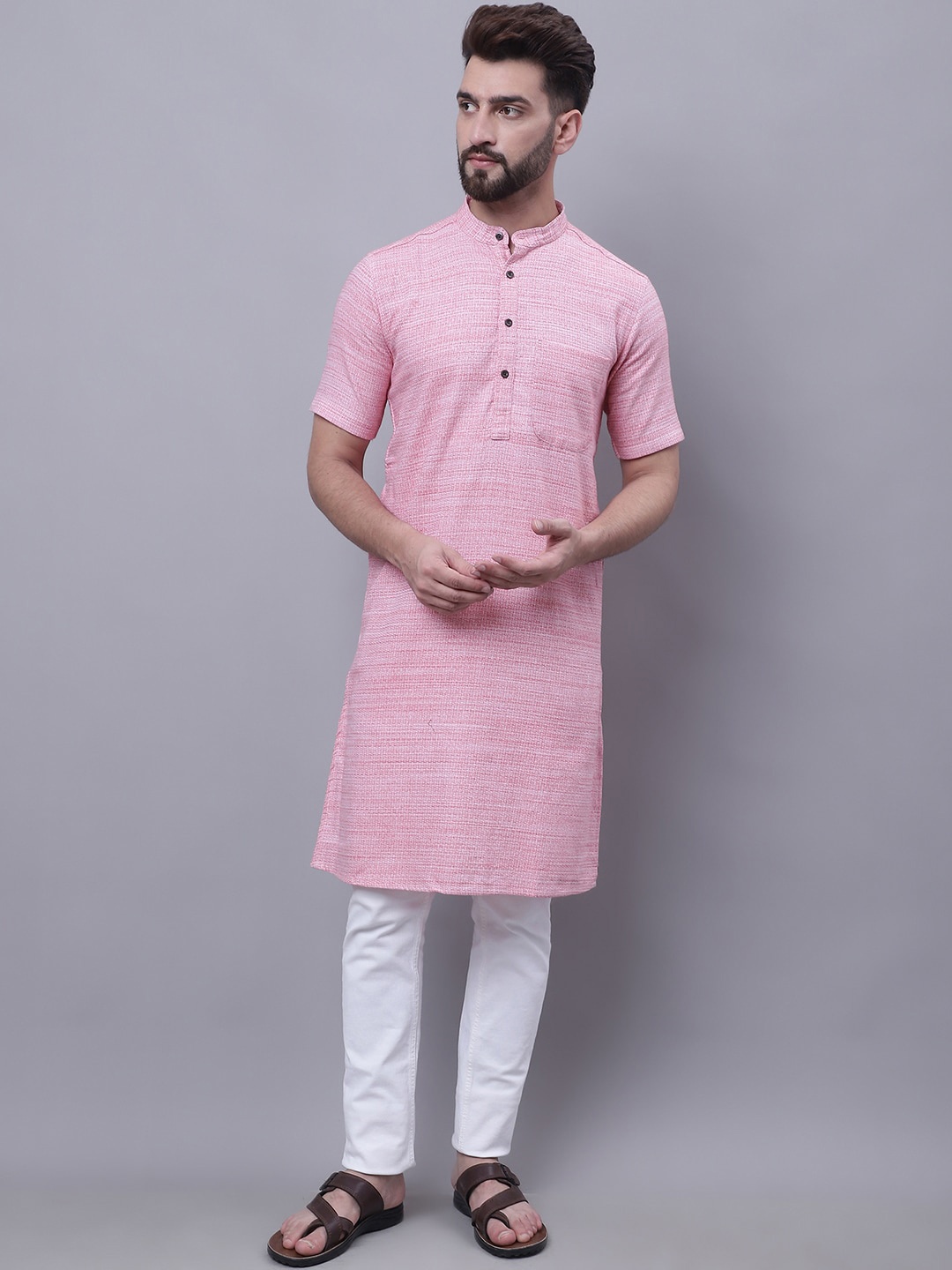 

even Band Collar Pure Cotton Kurta, Pink