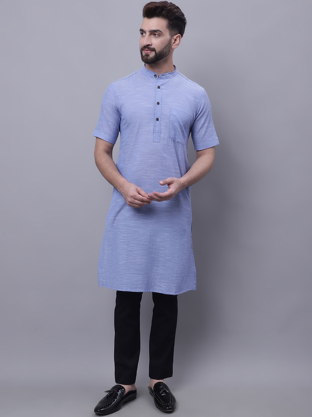 

even Band Collar Pure Cotton Kurta, Blue