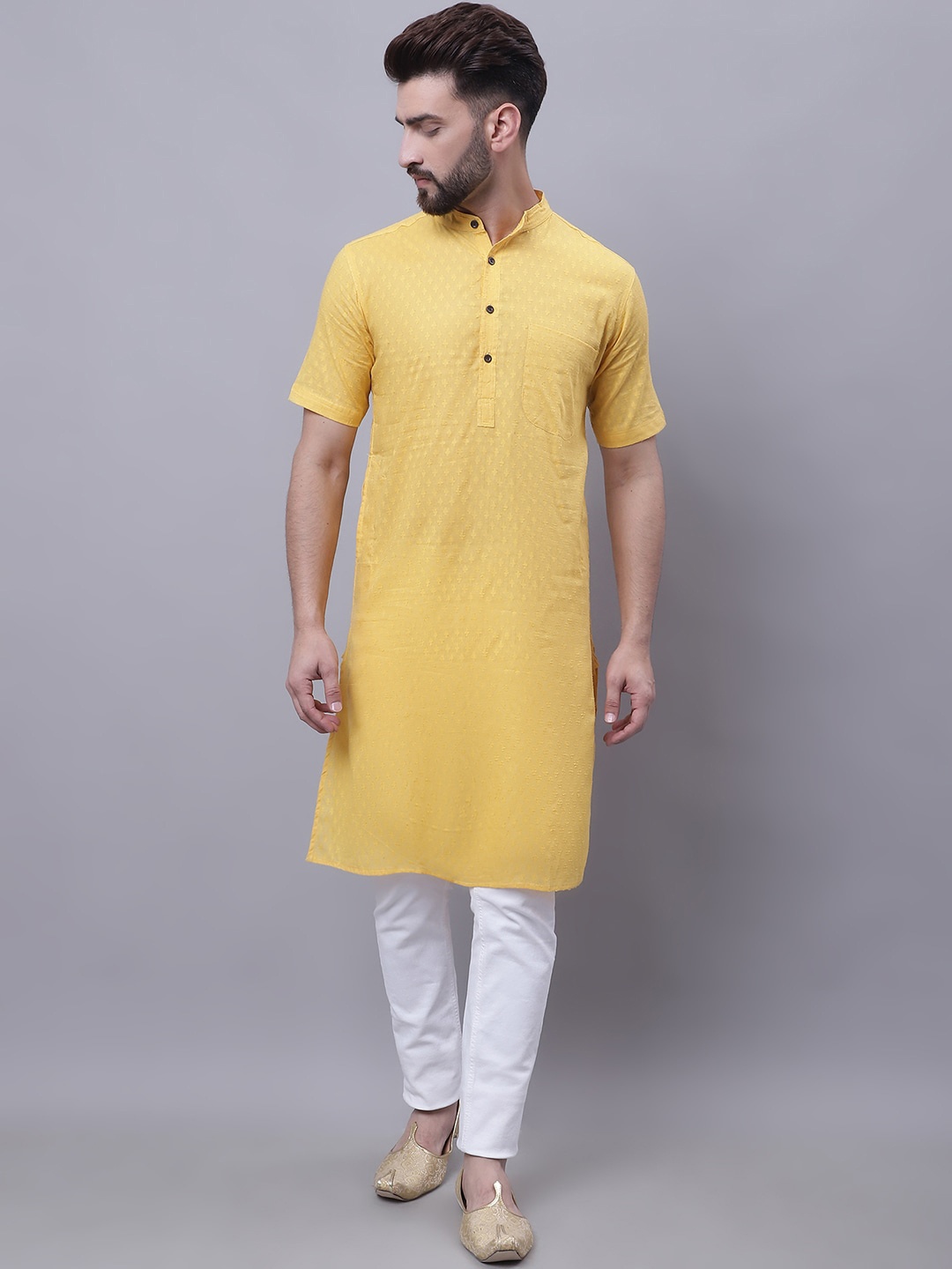 

even Ethnic Embroidered Mandarin Collar Cotton Straight Kurta, Yellow