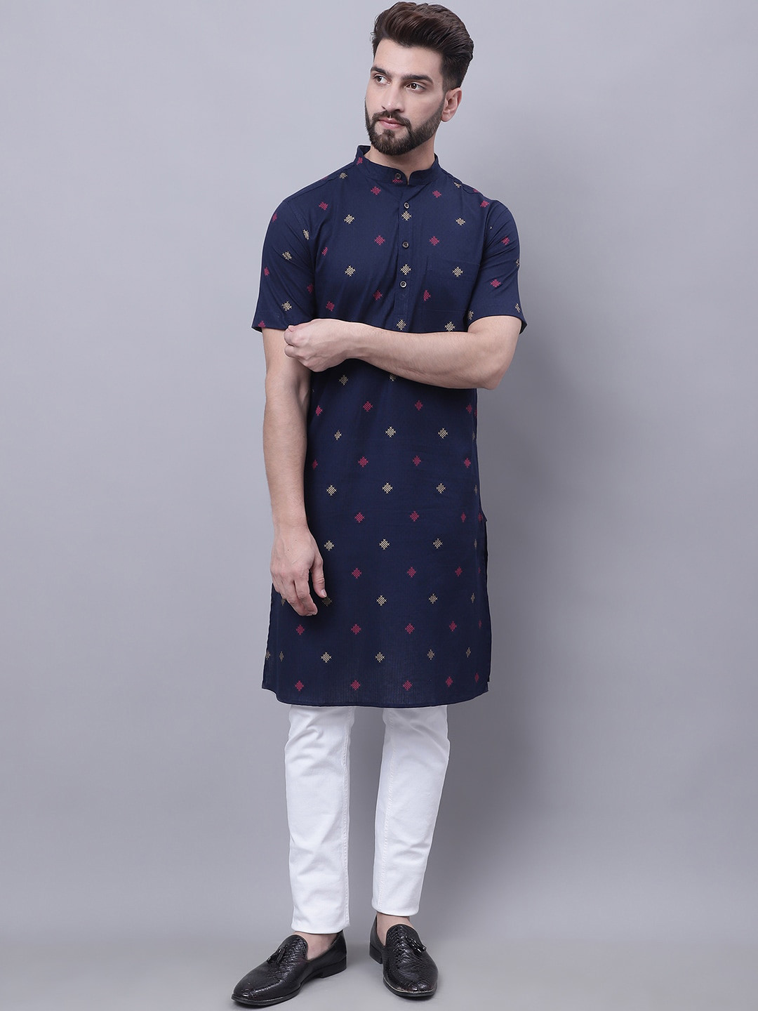 

even Printed Band Collar Pure Cotton Kurta, Navy blue
