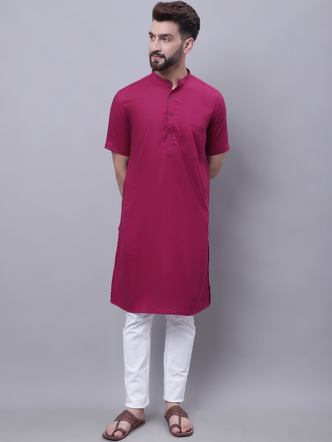 

even Band Collar Pure Cotton Kurta, Pink
