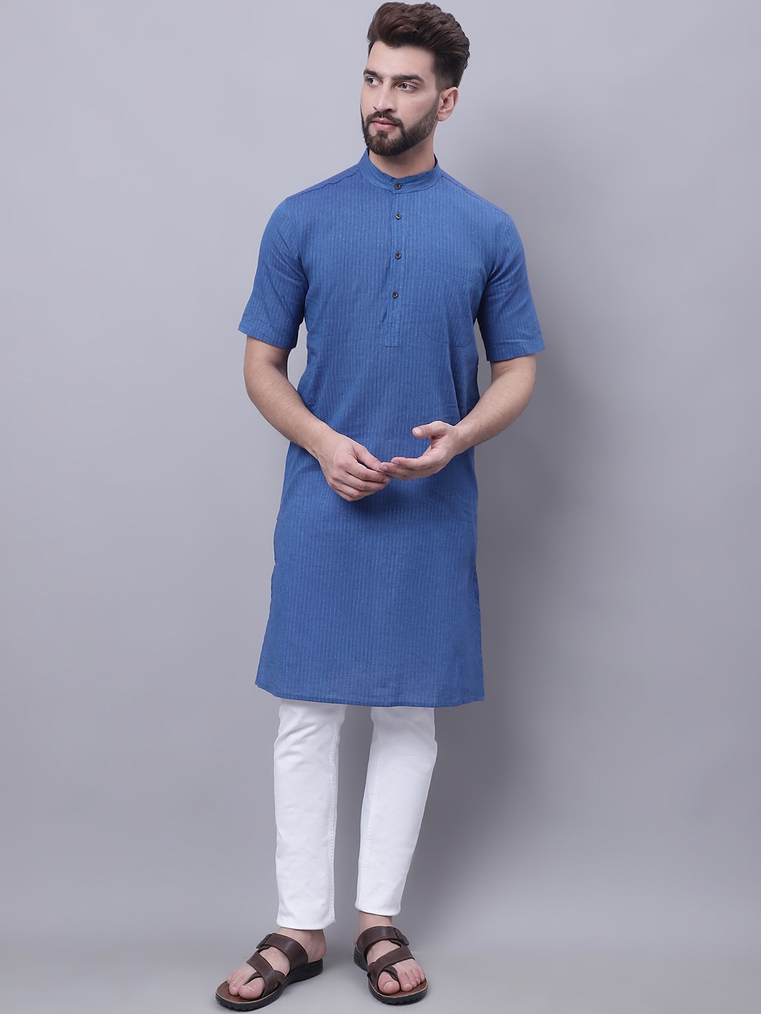 

even Band Collar Pure Cotton Kurta, Blue