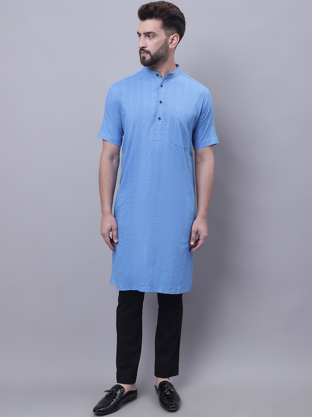 

even Band Collar Pure Cotton Kurta, Blue