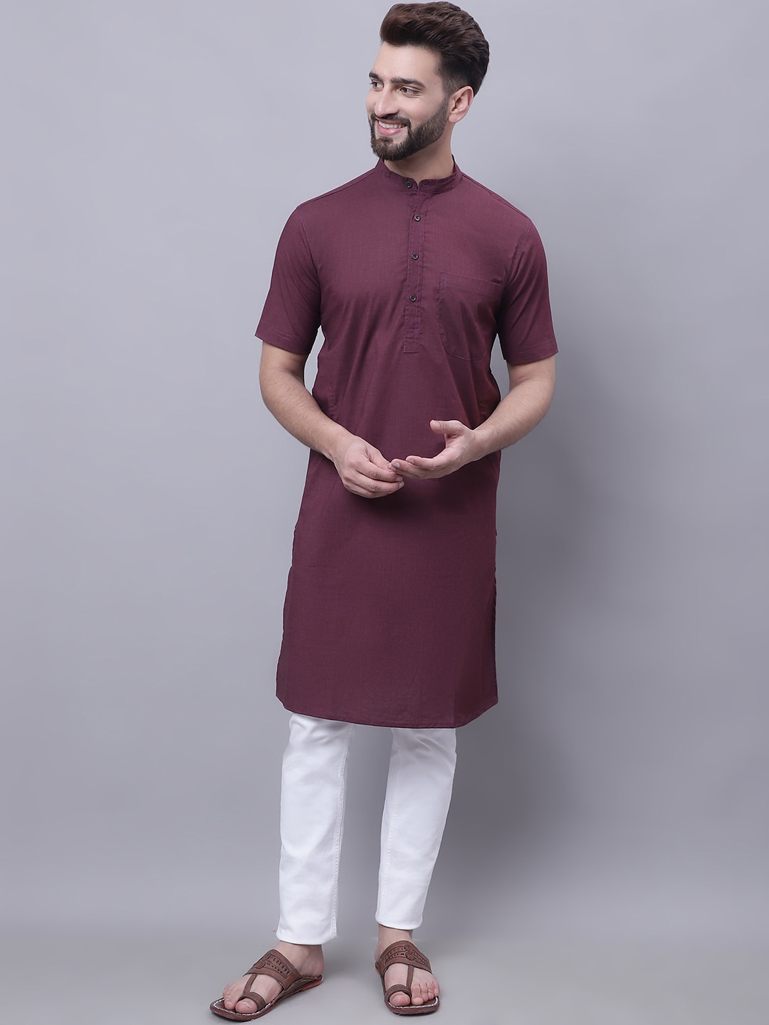 

even Band Collar Pure Cotton Kurta, Maroon